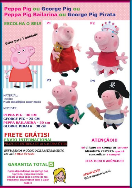 Peppa Pig Ou George Pig Ou Bailarina Ou Pirata Frete Grátis
